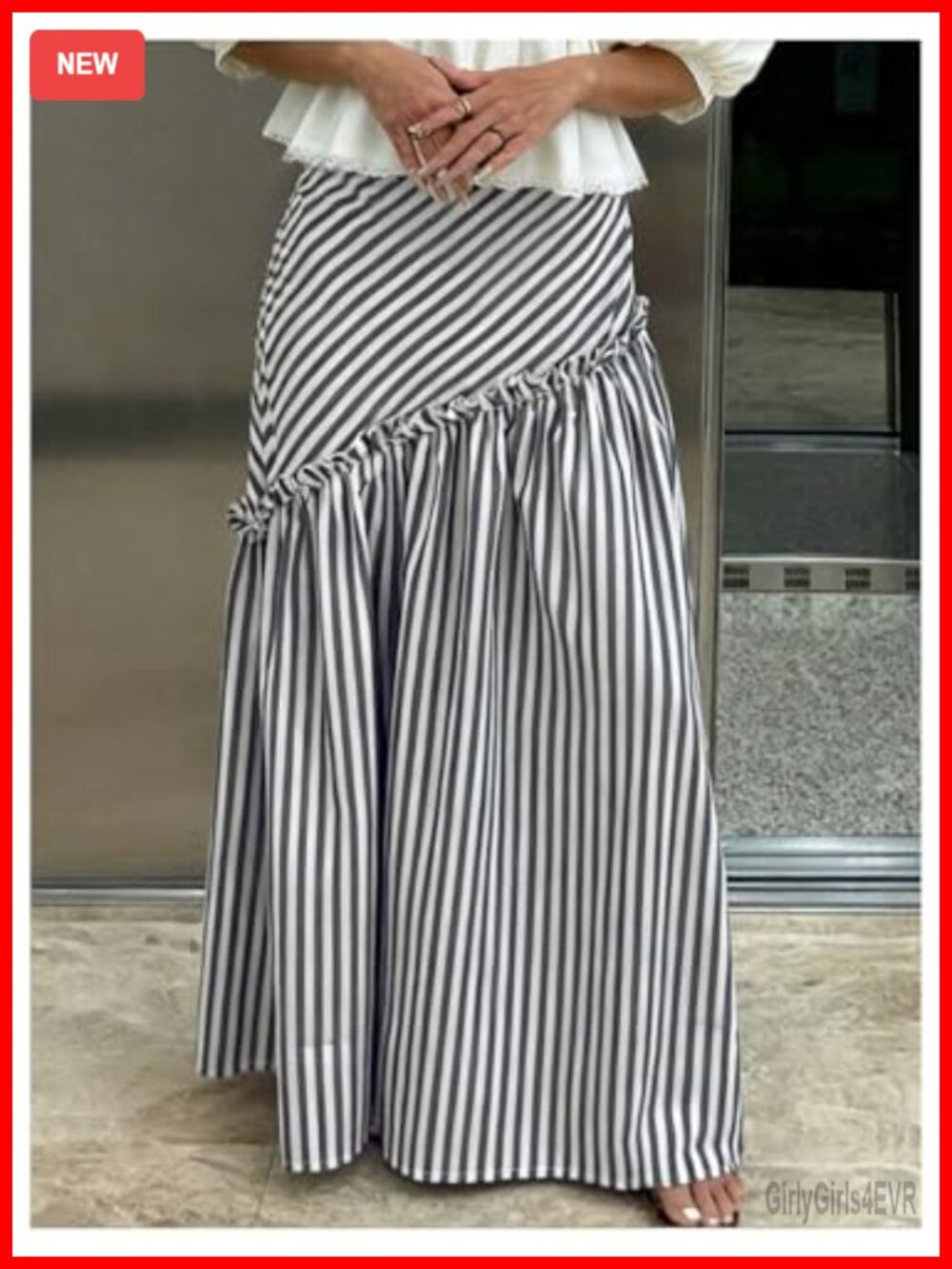 Striped Ruffle Maxi Skirt Low Rise Pleated A Line - Picture 3 of 4
